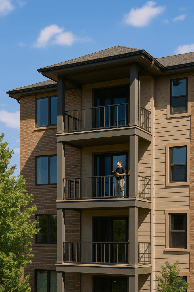 Fort Collins CO condo exterior inspection – inspector on balcony